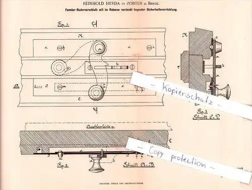 Original Patent - R. Herda in Zobten a. Berge / Sobótka , 1891 , Fensterverschluß mit Sicherheitsvorrichtung !!!