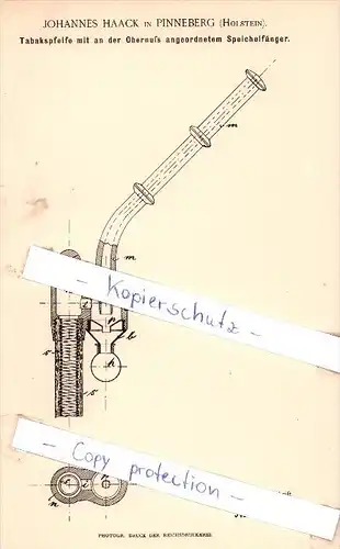 Original Patent - J. Haack in Pinneberg , Holstein , 1891 , Tabakspfeife mit Speichelfänger !!!