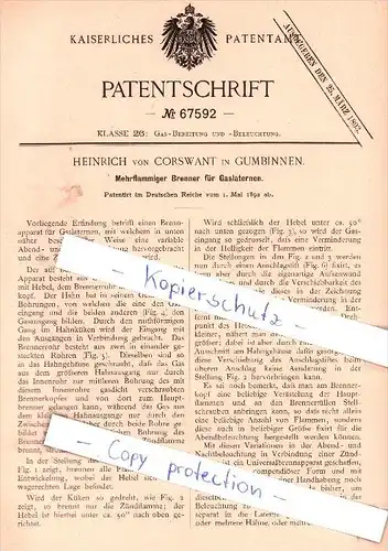 Original Patent - Heinrich von Corswant in Gumbinnen / Gussew , 1892 , Brenner für Gaslaternen , Russland !!!