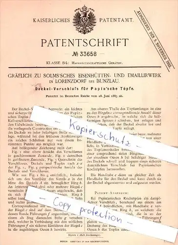 Original Patent - Gräflich zu Solms`sches Emaillirwerk in Lorenzdorf bei Bunzlau / Boleslawiec , 1885 !!!