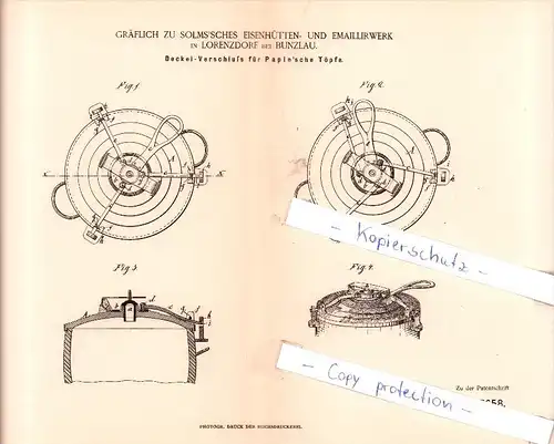Original Patent - Gräflich zu Solms`sches Emaillirwerk in Lorenzdorf bei Bunzlau / Boleslawiec , 1885 !!!