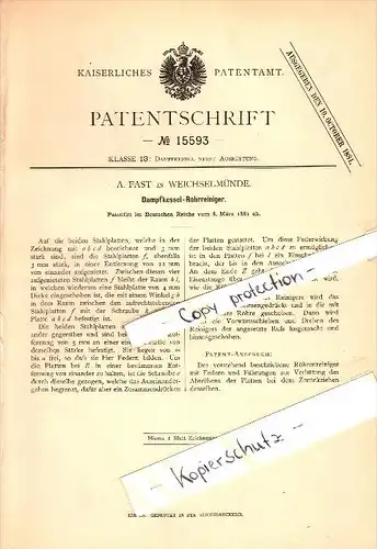 Original Patent - A. Fast in Weichselmünde b. Danzig , 1881 , Dampfkessel-Rohrreiniger , Twierdza Wisloujscie !!!