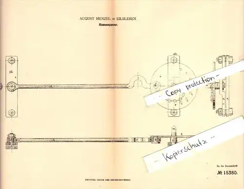 Original Patent - August Menzel in Eilsleben , 1881 , Riemenspanner , Maschinenbau  !!!