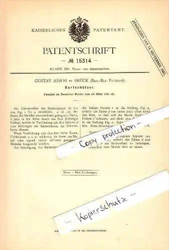 Original Patent - Gustav Adami in Brück b. Potsdam , 1881 , Bartschützer , Bart !!!