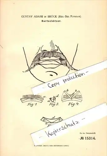 Original Patent - Gustav Adami in Brück b. Potsdam , 1881 , Bartschützer , Bart !!!