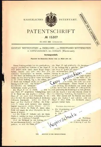 Original Patent - G. Wittenstein in Iserlohn und Eppenhausen b. Hagen , 1881 , Vorhängeschloß , Schloß !!!