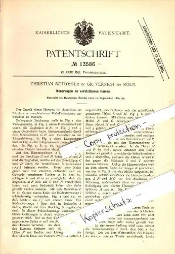Original Patent - Christian Schlösser in Groß Vernich b. Weilerswist , 1880 , verstellbare Hamen für Pferde , Köln !!!
