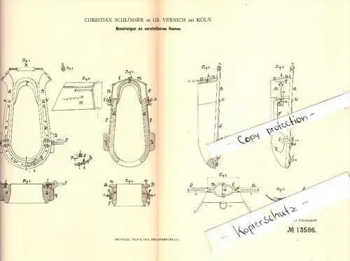 Original Patent - Christian Schlösser in Groß Vernich b. Weilerswist , 1880 , verstellbare Hamen für Pferde , Köln !!!