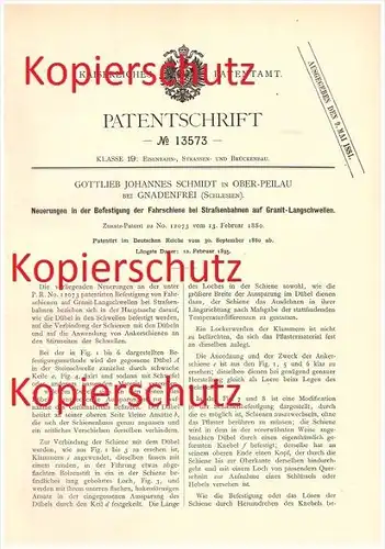 Original Patent - Gottlieb Johannes Schmidt in Ober Peilau / Pilawa Górna , 1880 , Eisenbahn , Gnadenfrei , Schlesien !!