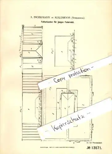 Original Patent - A. Ingermann in Koldmoos b. Apenrade / Aabenraa , 1880 , Futterkasten für Federvieh , Geflügel !!!