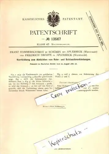 Original Patent - Franz Hammerschmidt und F. Droste in Schüren b. Aplerbeck , 1880 , Abdichtung , Dortmund !!!