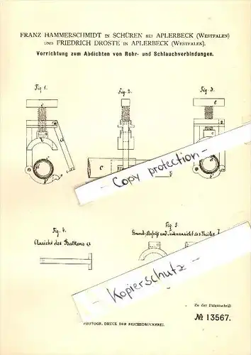 Original Patent - Franz Hammerschmidt und F. Droste in Schüren b. Aplerbeck , 1880 , Abdichtung , Dortmund !!!