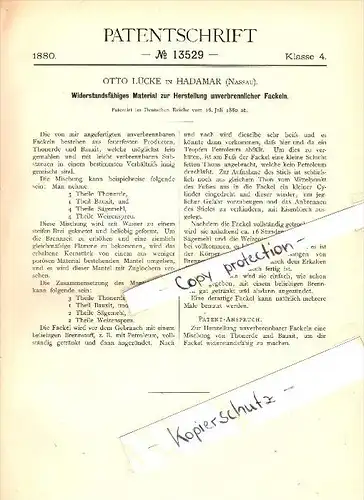 Original Patent - Otto Lücke in Hadamar , Nassau , 1880 , unverbrennliche Fackeln !!!