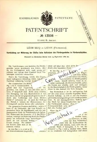 Original Patent - Léon Ricq à Liévin , 1880 , La réduction de choc pour cages , exploitation minière !!!