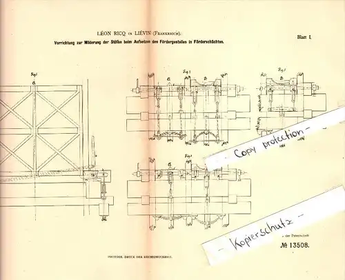 Original Patent - Léon Ricq à Liévin , 1880 , La réduction de choc pour cages , exploitation minière !!!