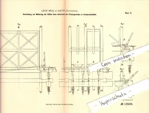 Original Patent - Léon Ricq à Liévin , 1880 , La réduction de choc pour cages , exploitation minière !!!