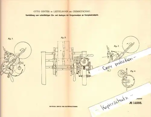 Original Patent - Otto Dinter in Leitelshain b. Crimmitschau , 1880 , Apparat für Spinnerei !!!
