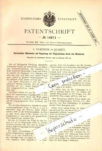 Original Patent - A. Woeniger in Quaritz / Gaworzyce , 1881 , horizontaler Windmotor , Windrad , Schlesien !!!