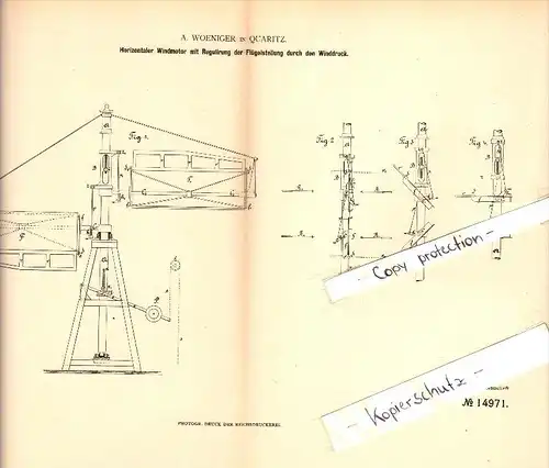 Original Patent - A. Woeniger in Quaritz / Gaworzyce , 1881 , horizontaler Windmotor , Windrad , Schlesien !!!