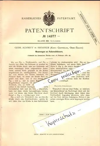 Original Patent - Brothers Schmitt à Isenheim / Issenheim , 1881 , serrure de porte , Guebwiller / Gebweiler !!!