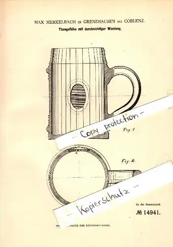 Original Patent - Max Merkelbach in Grenzhausen b. Koblenz , 1881 , durchsichtige Thongefäße , Höhr-Grenzhausen !!!