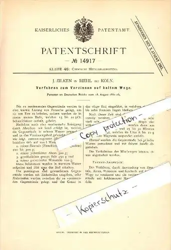 Original Patent - J. Zilken in Riehl b. Köln , 1880 , Verzinnen auf kaltem Wege , Verzinnung , Chemie !!!