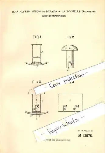 Original Patent - Jean Alfred Rubino de Barazia à La Rochelle , 1880 , Fermeture par boutons avec boucle !!