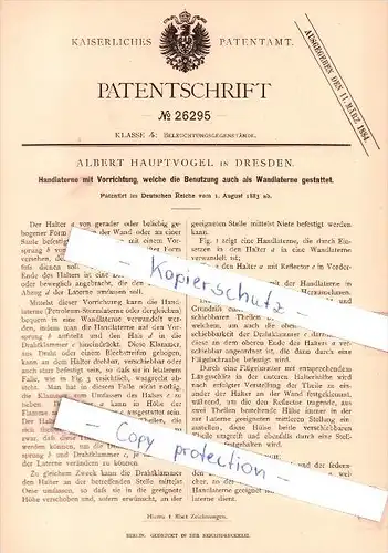 Original Patent - Albert Hauptvogel in Dresden , 1883 , Beleuchtungsgegenstände !!!