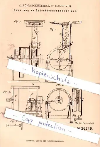 Original Patent - C. Schweckendieck in Hannover , 1883 , Neuerung an Getreidebürstmaschinen !!!