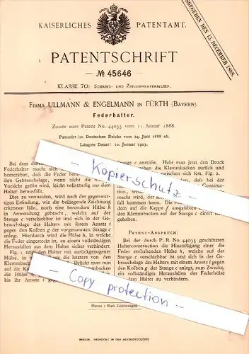 Original Patent - Firma Ullmann & Engelmann in Fürth , Bayern , 1888 , Federhalter !!!
