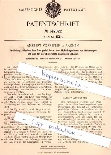 Original Patent - Ansbert Vorreiter in Aachen , 1901 , Rahmen für Automobile , Oldtimer !!!