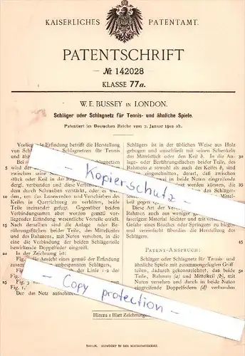 Original Patent - W. E. Bussey in London , 1902 , Schläger oder Schlagnetz für Tennis !!!