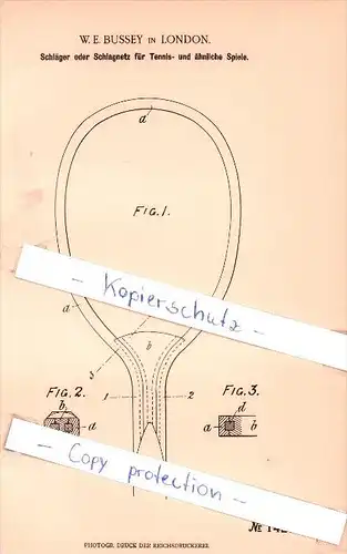 Original Patent - W. E. Bussey in London , 1902 , Schläger oder Schlagnetz für Tennis !!!