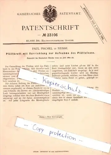 Original Patent -  Paul Pischel in Neisse / Nysa , 1882 , Plättbrett mit Vorrichtung zur Aufnahme des Plätteisens  !!!
