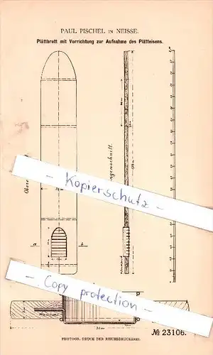 Original Patent -  Paul Pischel in Neisse / Nysa , 1882 , Plättbrett mit Vorrichtung zur Aufnahme des Plätteisens  !!!