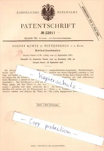 Original Patent - August Kuhtz in Wittenberge a. d. Elbe , 1882 , Dintenlöschwalze , Tintenlöscher !!!