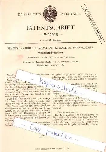 Original Patent - Frantz in Grube Sulzbach-Altenwald bei Saarbrücken , 1882 , Bergbau !!!