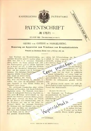 Original Patent - Georg von Goerne in Hangelsberg b. Grünheide , 1881 , Apparat zum Trocknen von Braunkohle !!!