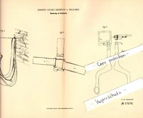 Original Patent - Johann Georg Heinisch in Belgard an der Persante / Bialogard , 1881 , Kandaren für Pferde !!!