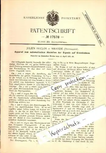 Original Patent - Julien Duclos à Mirande , 1881 , Appareil de signalisation pour les chemins de fer !!!