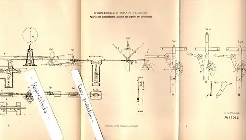 Original Patent - Julien Duclos à Mirande , 1881 , Appareil de signalisation pour les chemins de fer !!!