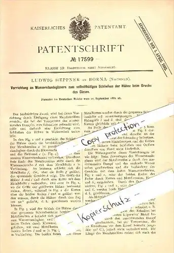 Original Patent - Ludwig Heppner in Borna i. Sachsen , 1881 , bruchsichere Wasserstandsgläser , Dampfkessel !!!