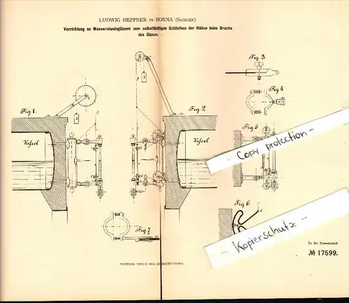 Original Patent - Ludwig Heppner in Borna i. Sachsen , 1881 , bruchsichere Wasserstandsgläser , Dampfkessel !!!