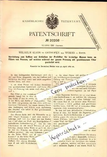 Original Patent - Wilhelm Klein in Osthofen b. Worms , 1882 , Vorrichtung für Preßfilter , Presse !!!