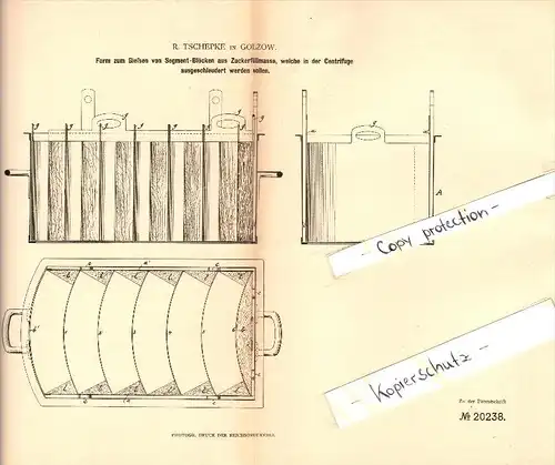 Original Patent - R. Tschepke in Golzow , 1882 , Segmentblöcke aus Zuckerfüllmasse , Oderbruch , Zuckerfabrik !!!