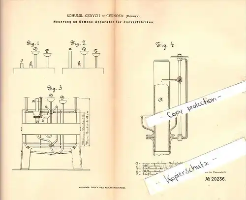 Original Patent - Bohumil Cerych in Cernozice i. Böhmen , 1882 , Osmose-Apparat für Zuckerfabrik , Hradec Králové !!!