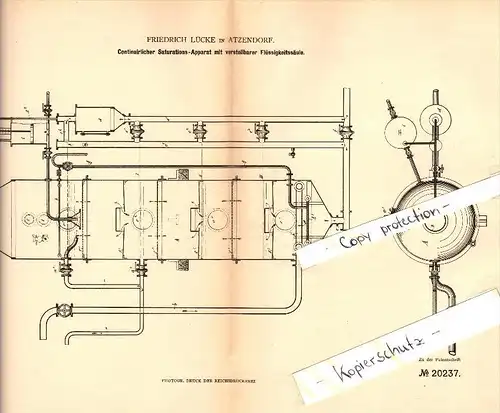 Original Patent - Friedrich Lücke in Atzendorf bei Staßfurt oder Merseburg , 1882 , Saturations-Apparat , Zuckerfabrik !
