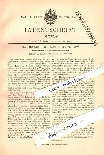 Original Patent - Max Müller in Gorgast b. Manschnow ,1882, Probenehmer für Süßwasserfilter , Küstriner Vorland , Golzow