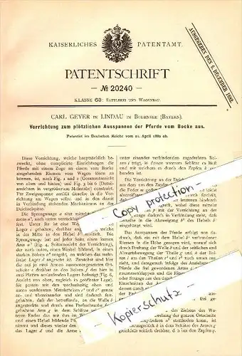 Original Patent - Carl Geyer in Lindau im Bodensee , 1882 , Vorrichtung zm Ausspannen der Pferde !!!