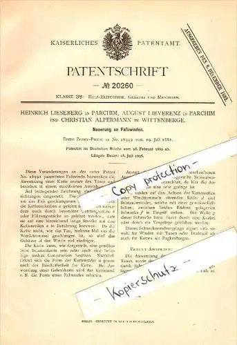Original Patent -H. Lieseberg ,A. Lieverenz in Parchim und Ch. Alpermann in Wittenberge , 1882 , Faßwinden , Mecklenburg
